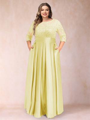 A-Line/Princess Floor-Length 3/4 Sleeves Scoop Plus Size Mother of the Bride Dresses