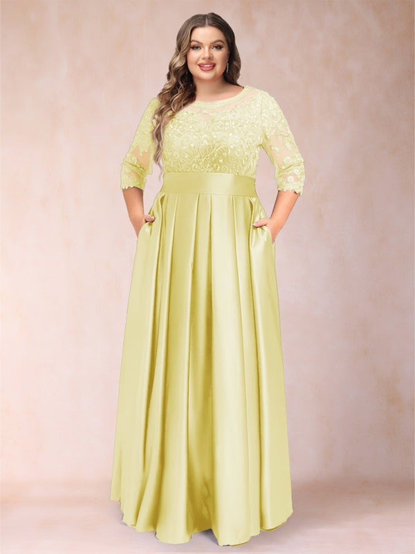 A-Line/Princess Floor-Length 3/4 Sleeves Scoop Plus Size Mother of the Bride Dresses