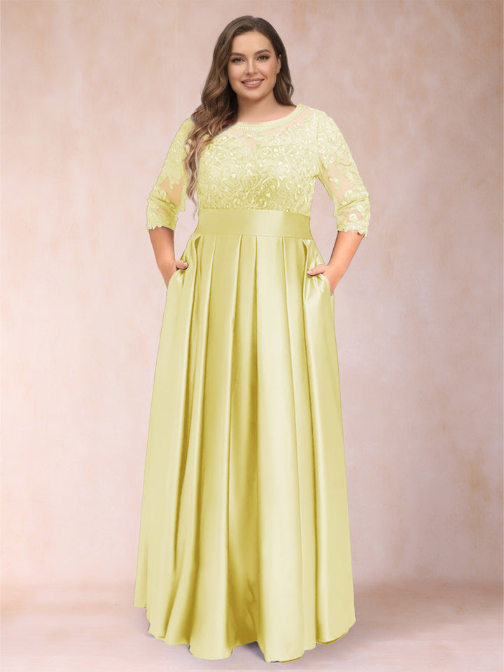 A-Line/Princess Floor-Length 3/4 Sleeves Scoop Plus Size Mother of the Bride Dresses