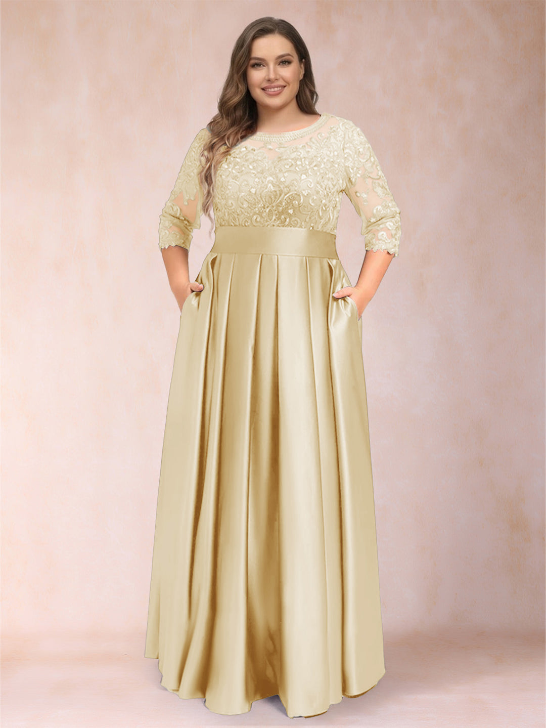 A-Line/Princess Floor-Length 3/4 Sleeves Scoop Plus Size Mother of the Bride Dresses