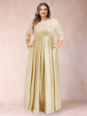 A-Line/Princess Floor-Length 3/4 Sleeves Scoop Plus Size Mother of the Bride Dresses