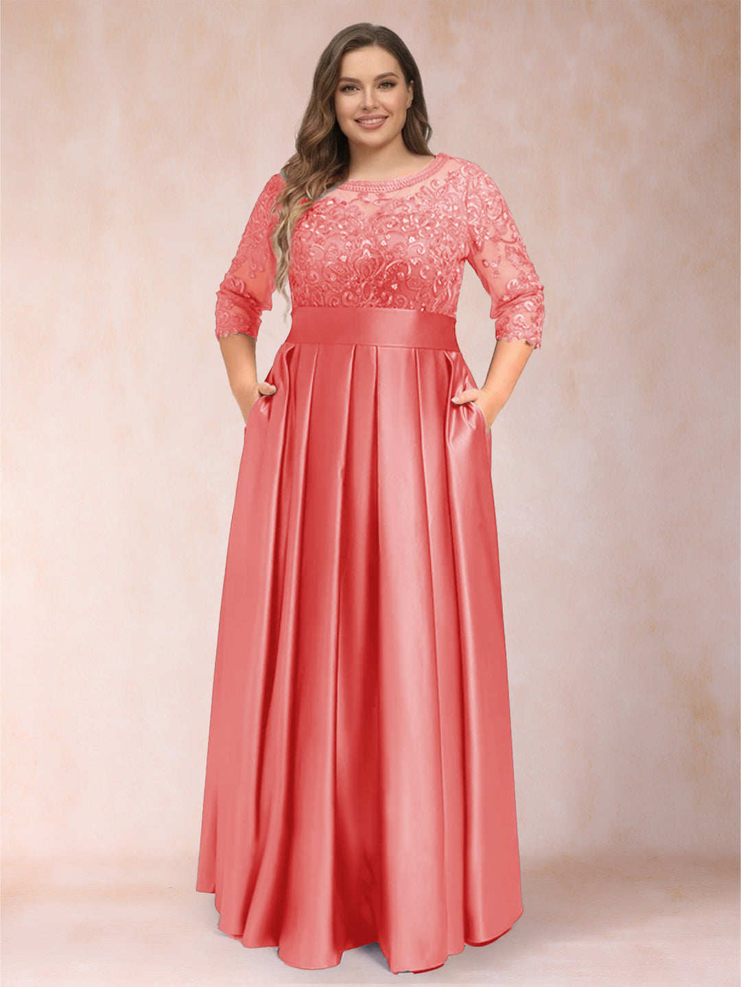 A-Line/Princess Floor-Length 3/4 Sleeves Scoop Plus Size Mother of the Bride Dresses