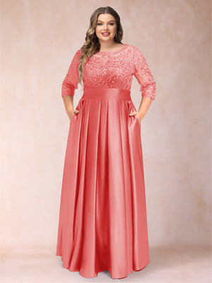 A-Line/Princess Floor-Length 3/4 Sleeves Scoop Plus Size Mother of the Bride Dresses