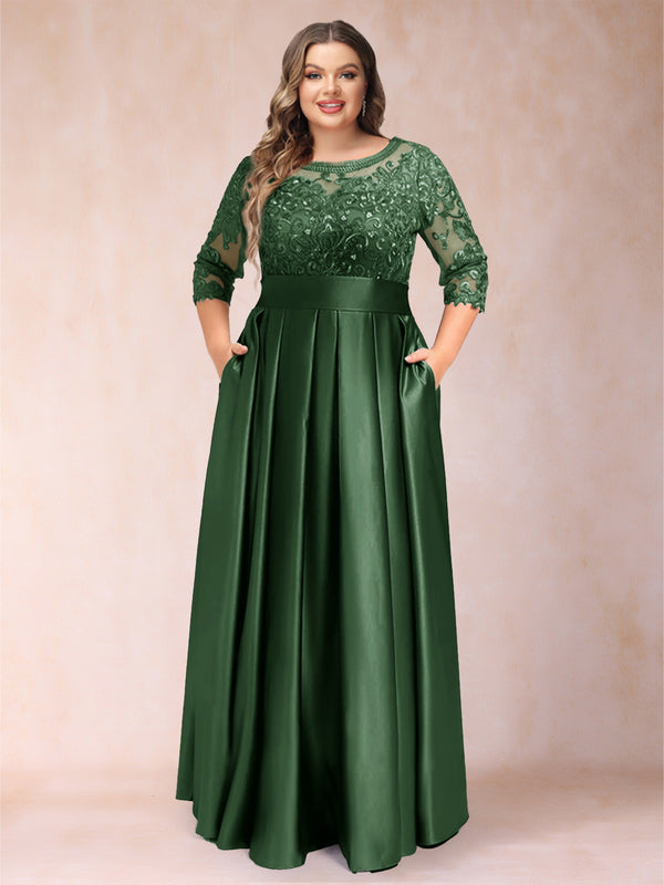 A-Line/Princess Floor-Length 3/4 Sleeves Scoop Plus Size Mother of the Bride Dresses