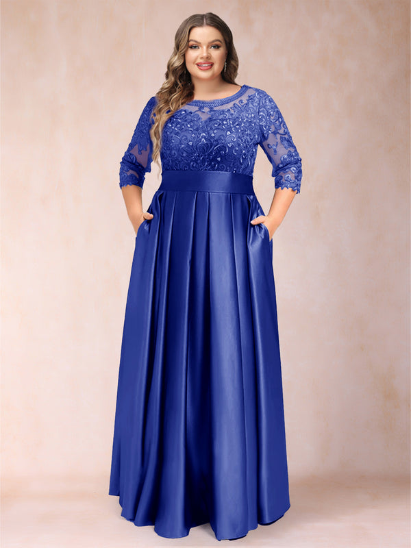 A-Line/Princess Floor-Length 3/4 Sleeves Scoop Plus Size Mother of the Bride Dresses