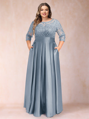 A-Line/Princess Floor-Length 3/4 Sleeves Scoop Plus Size Mother of the Bride Dresses