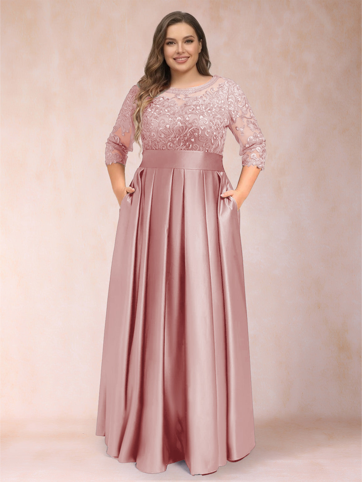 A-Line/Princess Floor-Length 3/4 Sleeves Scoop Plus Size Mother of the Bride Dresses
