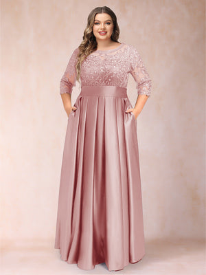 A-Line/Princess Floor-Length 3/4 Sleeves Scoop Plus Size Mother of the Bride Dresses