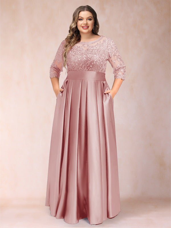 A-Line/Princess Floor-Length 3/4 Sleeves Scoop Plus Size Mother of the Bride Dresses