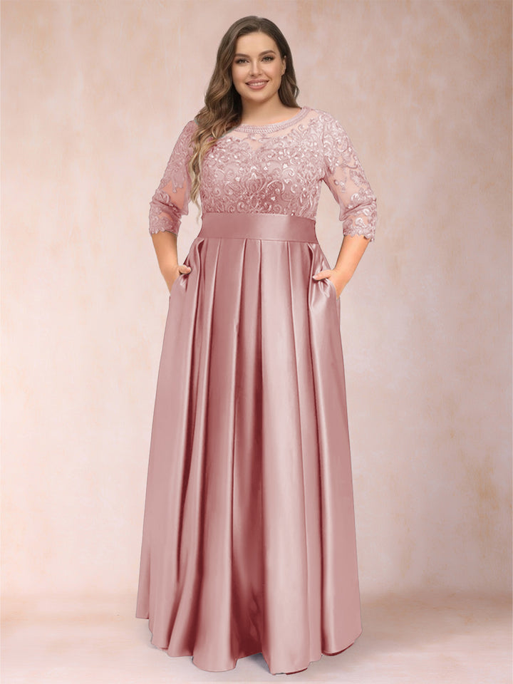 A-Line/Princess Floor-Length 3/4 Sleeves Scoop Plus Size Mother of the Bride Dresses