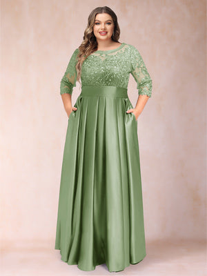 A-Line/Princess Floor-Length 3/4 Sleeves Scoop Plus Size Mother of the Bride Dresses