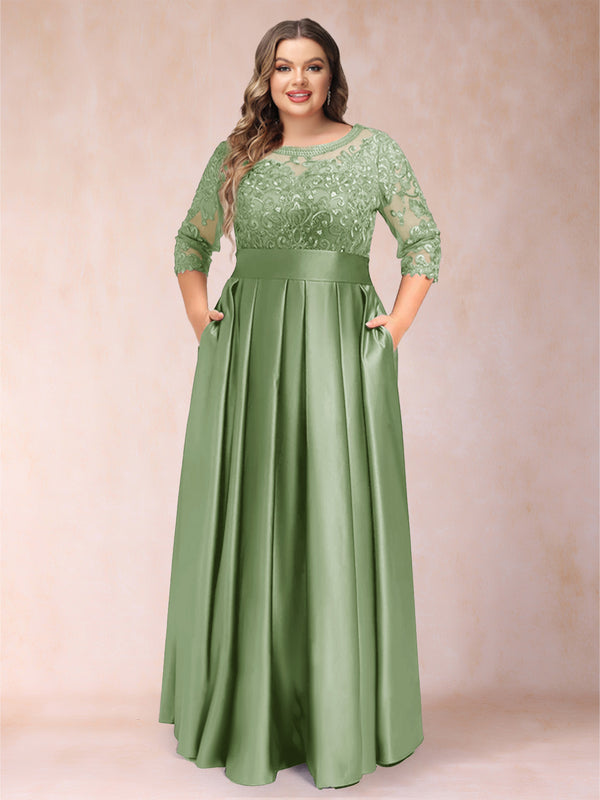 A-Line/Princess Floor-Length 3/4 Sleeves Scoop Plus Size Mother of the Bride Dresses