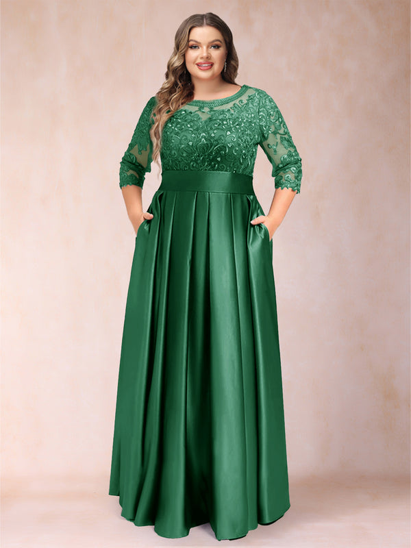 A-Line/Princess Floor-Length 3/4 Sleeves Scoop Plus Size Mother of the Bride Dresses