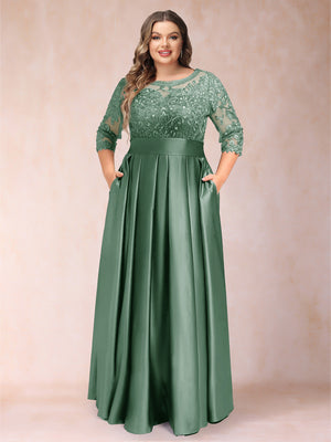 A-Line/Princess Floor-Length 3/4 Sleeves Scoop Plus Size Mother of the Bride Dresses