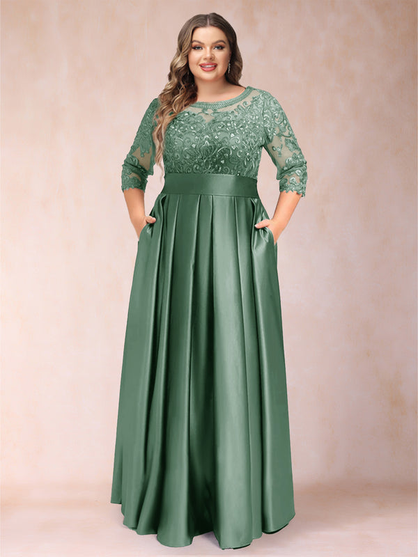 A-Line/Princess Floor-Length 3/4 Sleeves Scoop Plus Size Mother of the Bride Dresses