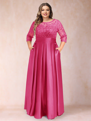 A-Line/Princess Floor-Length 3/4 Sleeves Scoop Plus Size Mother of the Bride Dresses
