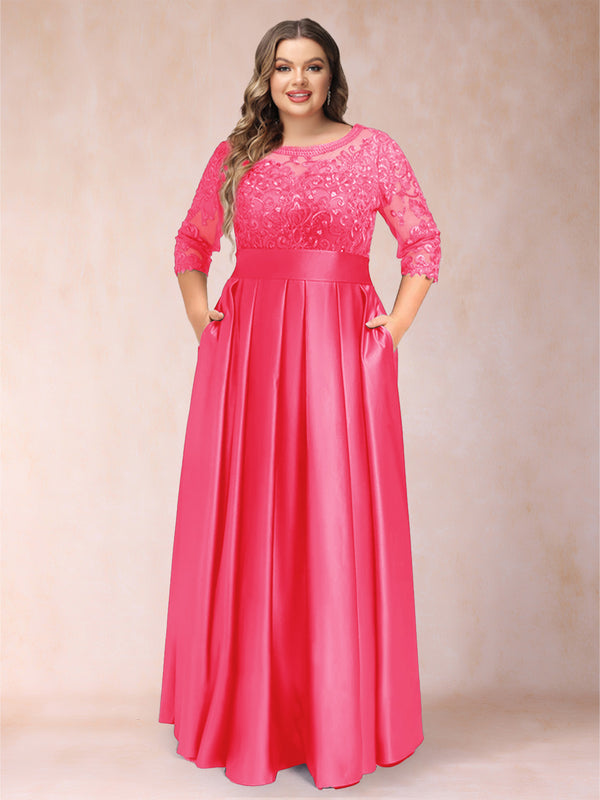 A-Line/Princess Floor-Length 3/4 Sleeves Scoop Plus Size Mother of the Bride Dresses