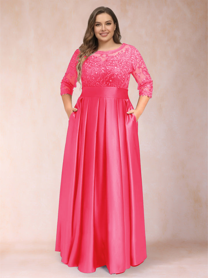 A-Line/Princess Floor-Length 3/4 Sleeves Scoop Plus Size Mother of the Bride Dresses