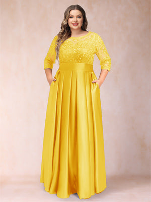 A-Line/Princess Floor-Length 3/4 Sleeves Scoop Plus Size Mother of the Bride Dresses