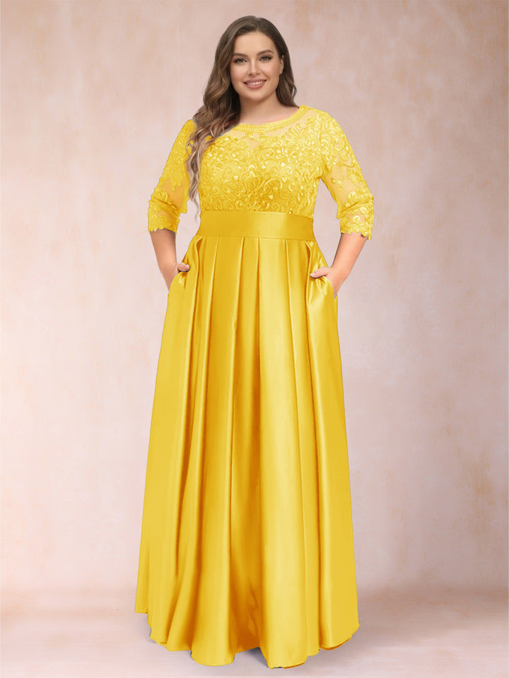 A-Line/Princess Floor-Length 3/4 Sleeves Scoop Plus Size Mother of the Bride Dresses