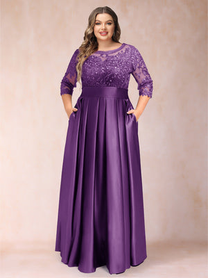 A-Line/Princess Floor-Length 3/4 Sleeves Scoop Plus Size Mother of the Bride Dresses