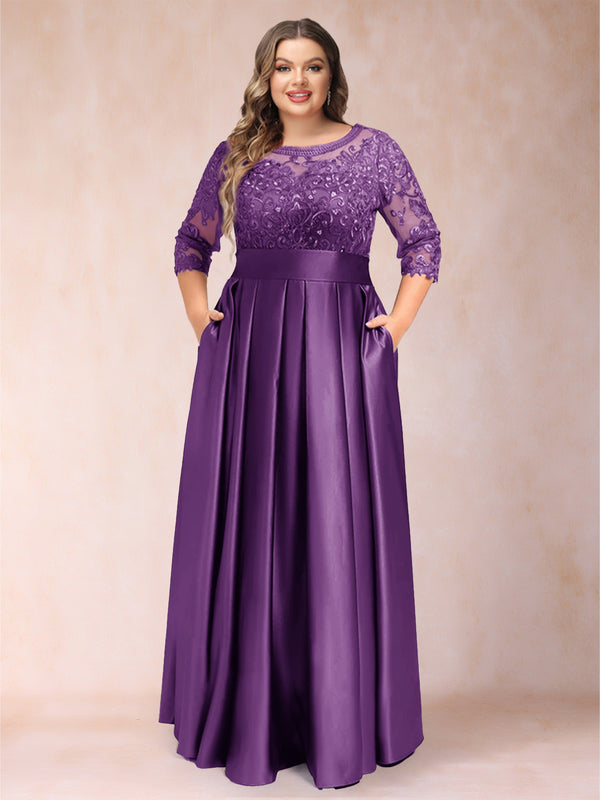 A-Line/Princess Floor-Length 3/4 Sleeves Scoop Plus Size Mother of the Bride Dresses