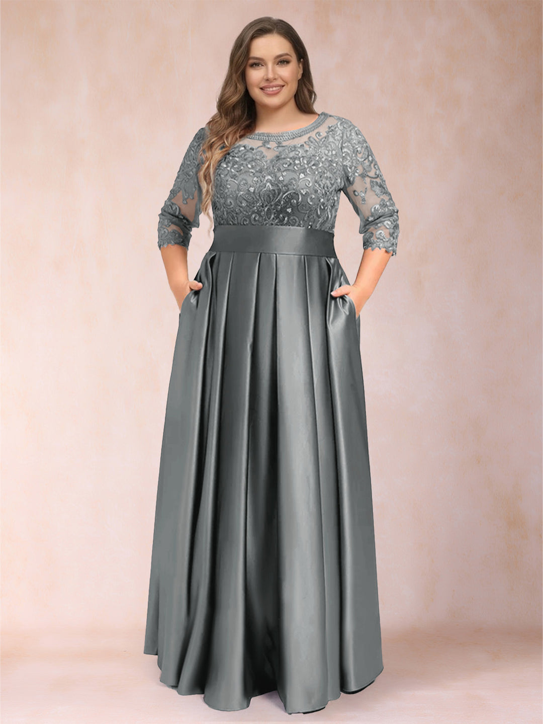 A-Line/Princess Floor-Length 3/4 Sleeves Scoop Plus Size Mother of the Bride Dresses