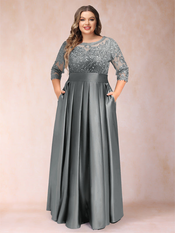 A-Line/Princess Floor-Length 3/4 Sleeves Scoop Plus Size Mother of the Bride Dresses