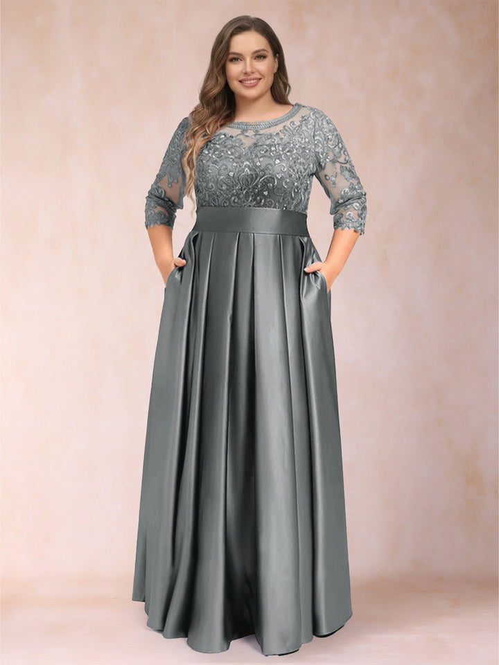 A-Line/Princess Floor-Length 3/4 Sleeves Scoop Plus Size Mother of the Bride Dresses