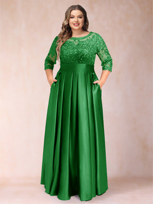 A-Line/Princess Floor-Length 3/4 Sleeves Scoop Plus Size Mother of the Bride Dresses