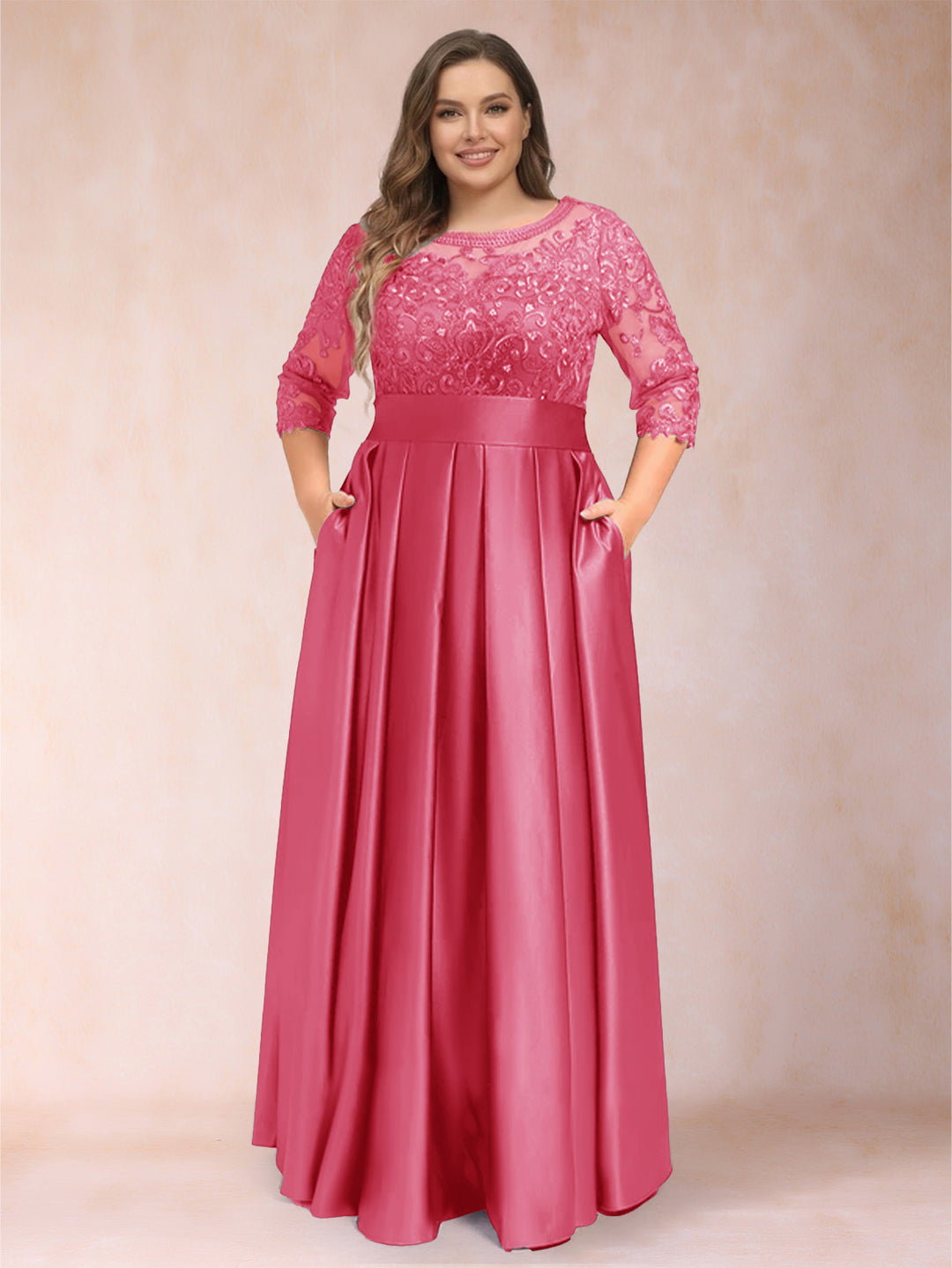 A-Line/Princess Floor-Length 3/4 Sleeves Scoop Plus Size Mother of the Bride Dresses
