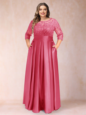 A-Line/Princess Floor-Length 3/4 Sleeves Scoop Plus Size Mother of the Bride Dresses