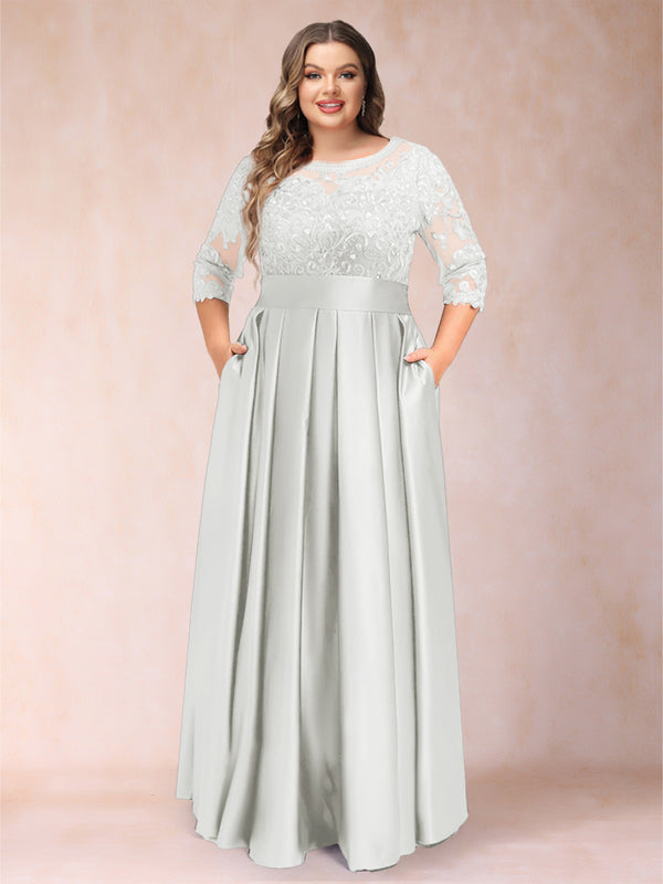 A-Line/Princess Floor-Length 3/4 Sleeves Scoop Plus Size Mother of the Bride Dresses