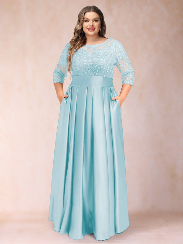 A-Line/Princess Floor-Length 3/4 Sleeves Scoop Plus Size Mother of the Bride Dresses