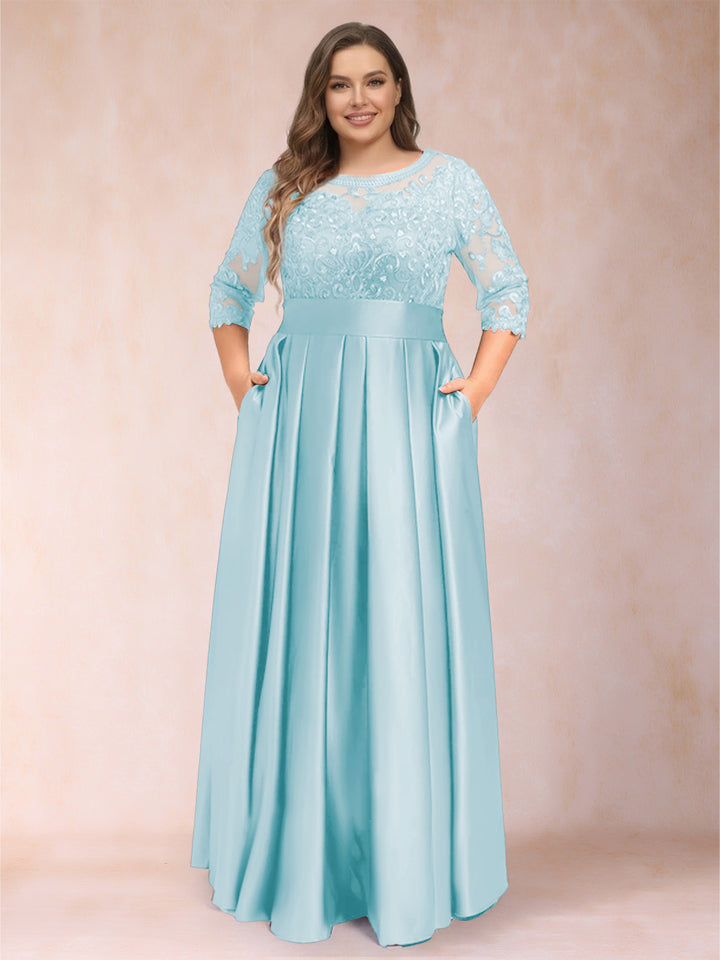 A-Line/Princess Floor-Length 3/4 Sleeves Scoop Plus Size Mother of the Bride Dresses