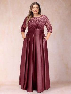 A-Line/Princess Floor-Length 3/4 Sleeves Scoop Plus Size Mother of the Bride Dresses