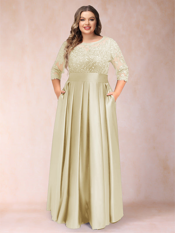 A-Line/Princess Floor-Length 3/4 Sleeves Scoop Plus Size Mother of the Bride Dresses