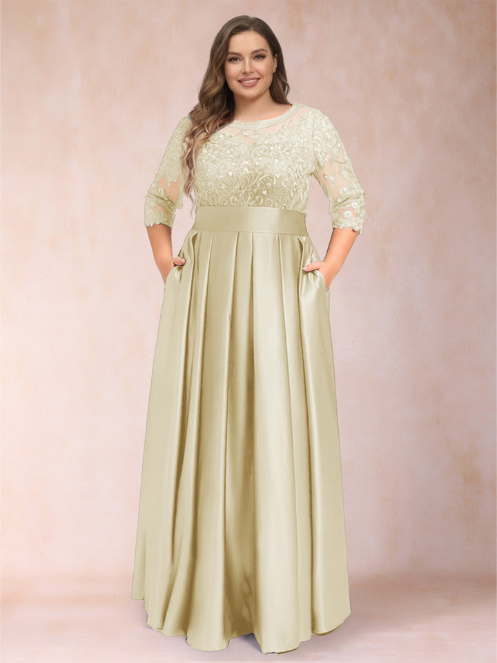A-Line/Princess Floor-Length 3/4 Sleeves Scoop Plus Size Mother of the Bride Dresses