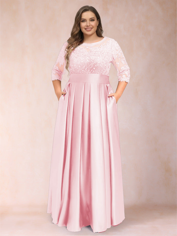 A-Line/Princess Floor-Length 3/4 Sleeves Scoop Plus Size Mother of the Bride Dresses