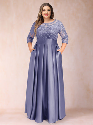 A-Line/Princess Floor-Length 3/4 Sleeves Scoop Plus Size Mother of the Bride Dresses