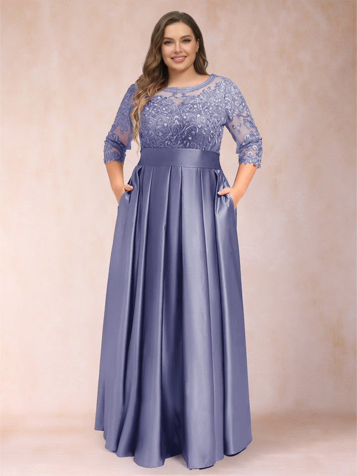 A-Line/Princess Floor-Length 3/4 Sleeves Scoop Plus Size Mother of the Bride Dresses