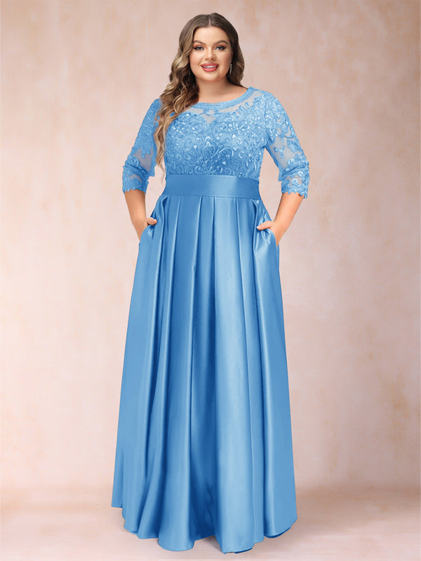 A-Line/Princess Floor-Length 3/4 Sleeves Scoop Plus Size Mother of the Bride Dresses
