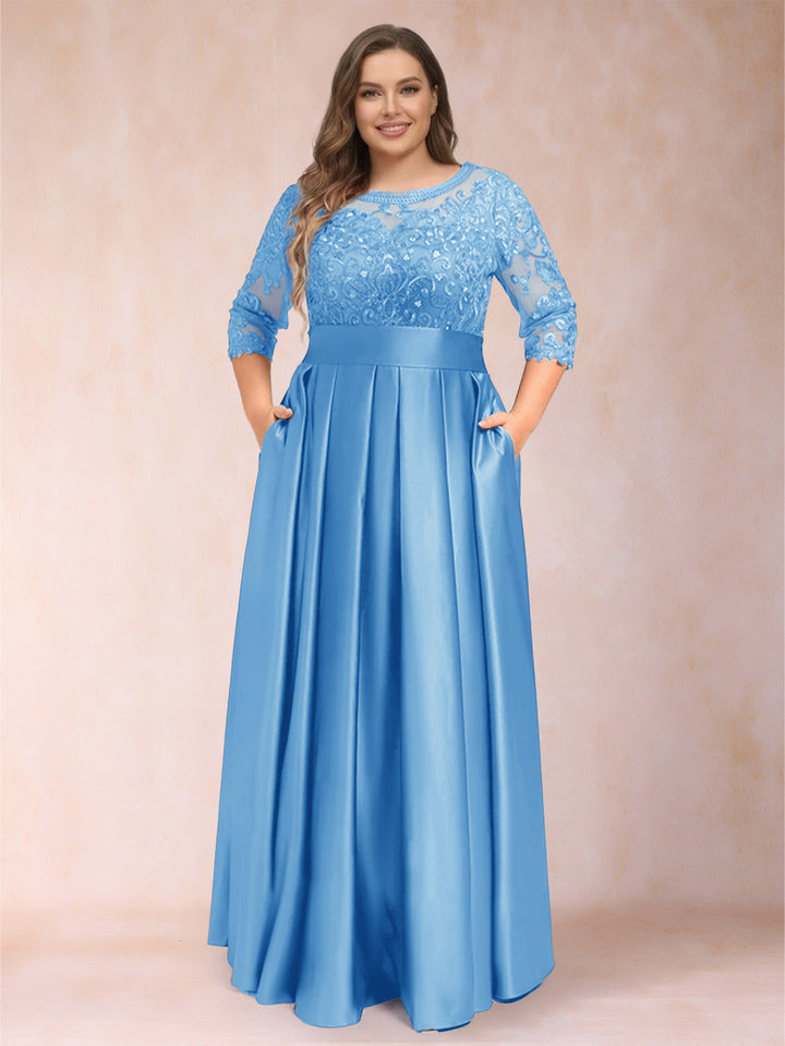A-Line/Princess Floor-Length 3/4 Sleeves Scoop Plus Size Mother of the Bride Dresses