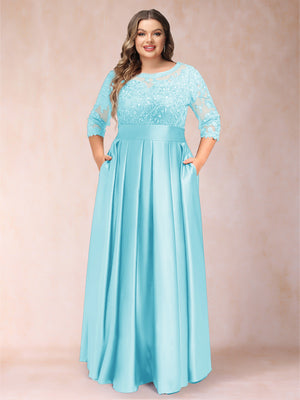 A-Line/Princess Floor-Length 3/4 Sleeves Scoop Plus Size Mother of the Bride Dresses