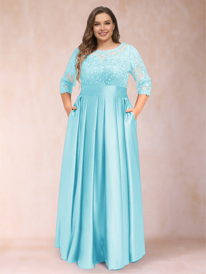A-Line/Princess Floor-Length 3/4 Sleeves Scoop Plus Size Mother of the Bride Dresses