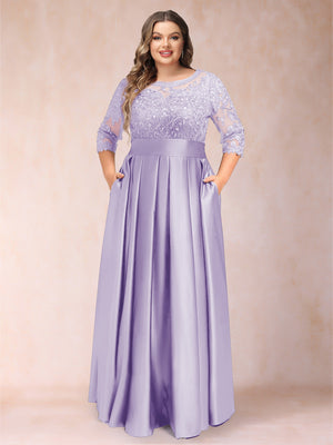 A-Line/Princess Floor-Length 3/4 Sleeves Scoop Plus Size Mother of the Bride Dresses