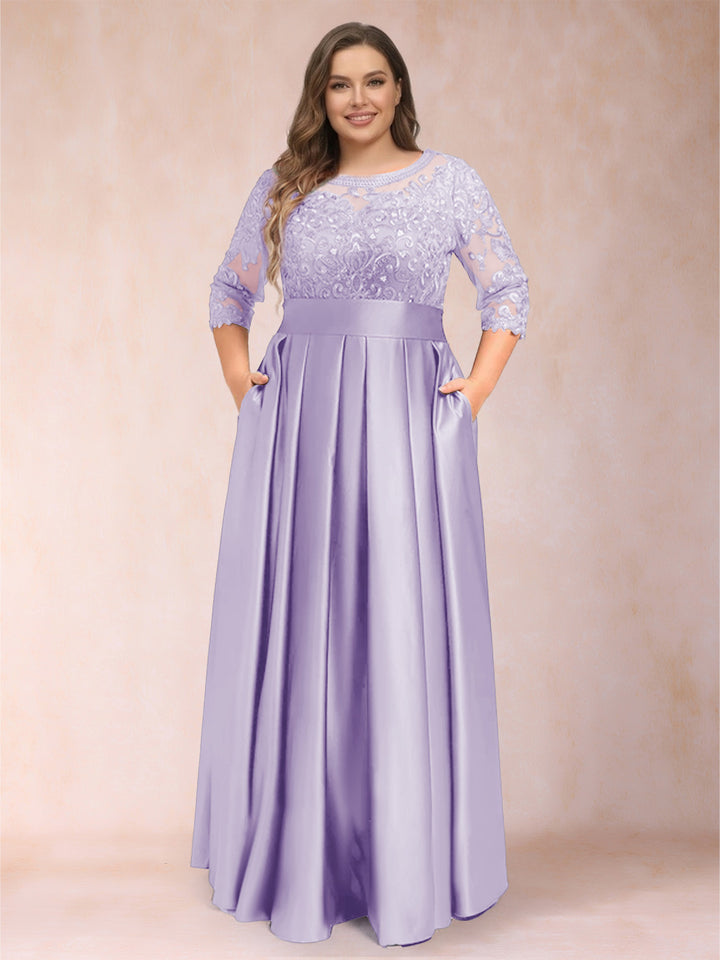 A-Line/Princess Floor-Length 3/4 Sleeves Scoop Plus Size Mother of the Bride Dresses