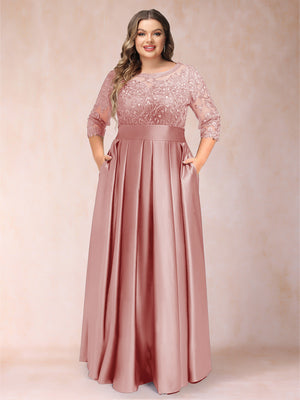 A-Line/Princess Floor-Length 3/4 Sleeves Scoop Plus Size Mother of the Bride Dresses
