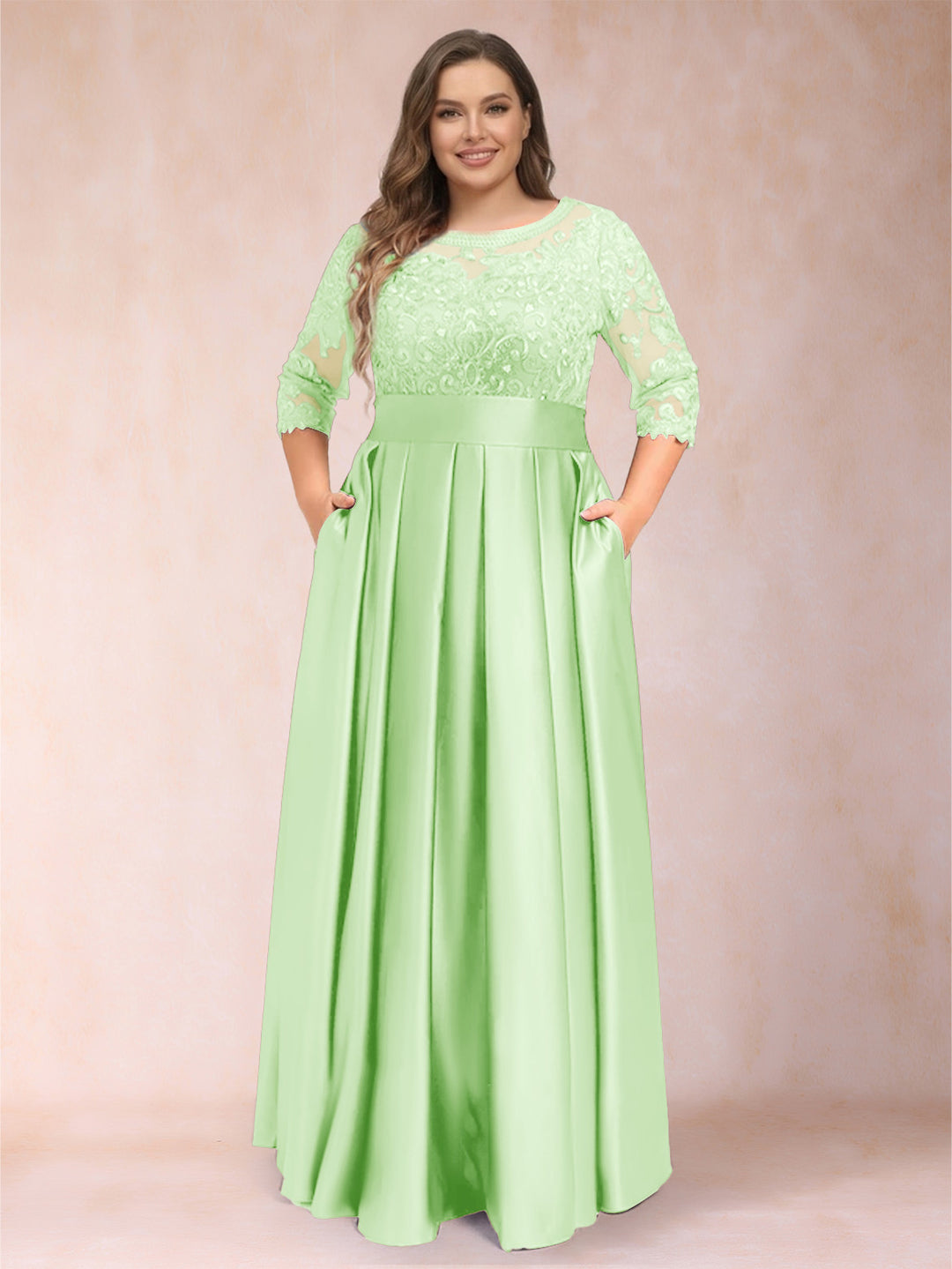 A-Line/Princess Floor-Length 3/4 Sleeves Scoop Plus Size Mother of the Bride Dresses