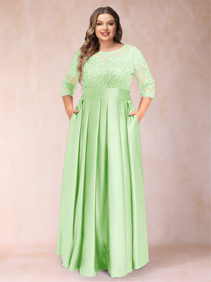 A-Line/Princess Floor-Length 3/4 Sleeves Scoop Plus Size Mother of the Bride Dresses